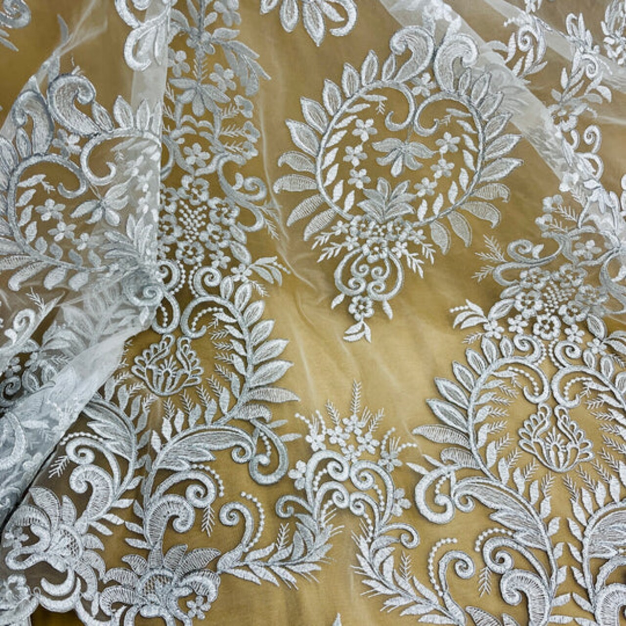 1 Yard Silver Corded Bridal Lace Fabric Embroidered on Polyester Net Mesh Floral Design 52 Inch Width